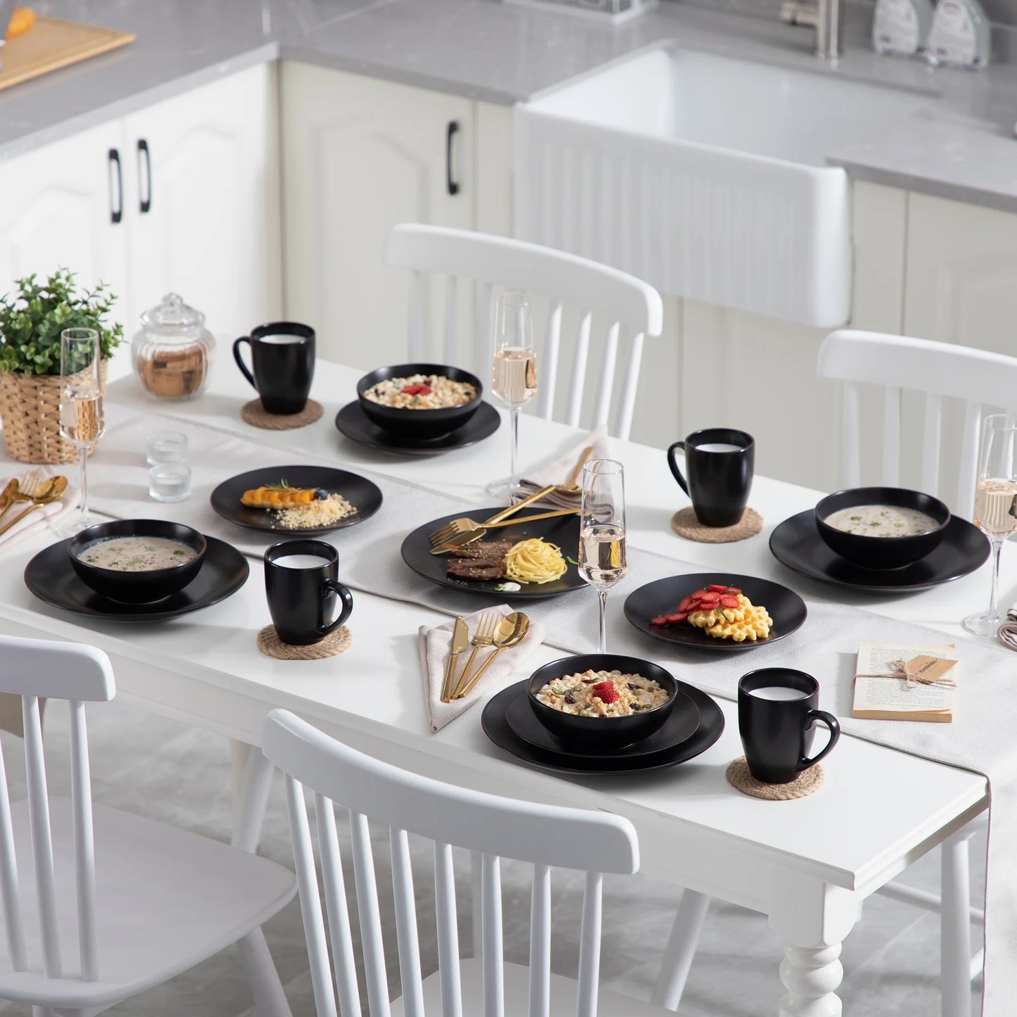 VANCASSO MODA Series 16/32/48 Piece Pottery Dinner Set Black Stoneware Tableware Set with Dinner Plate,Dessert Plate,Bowls,Cups