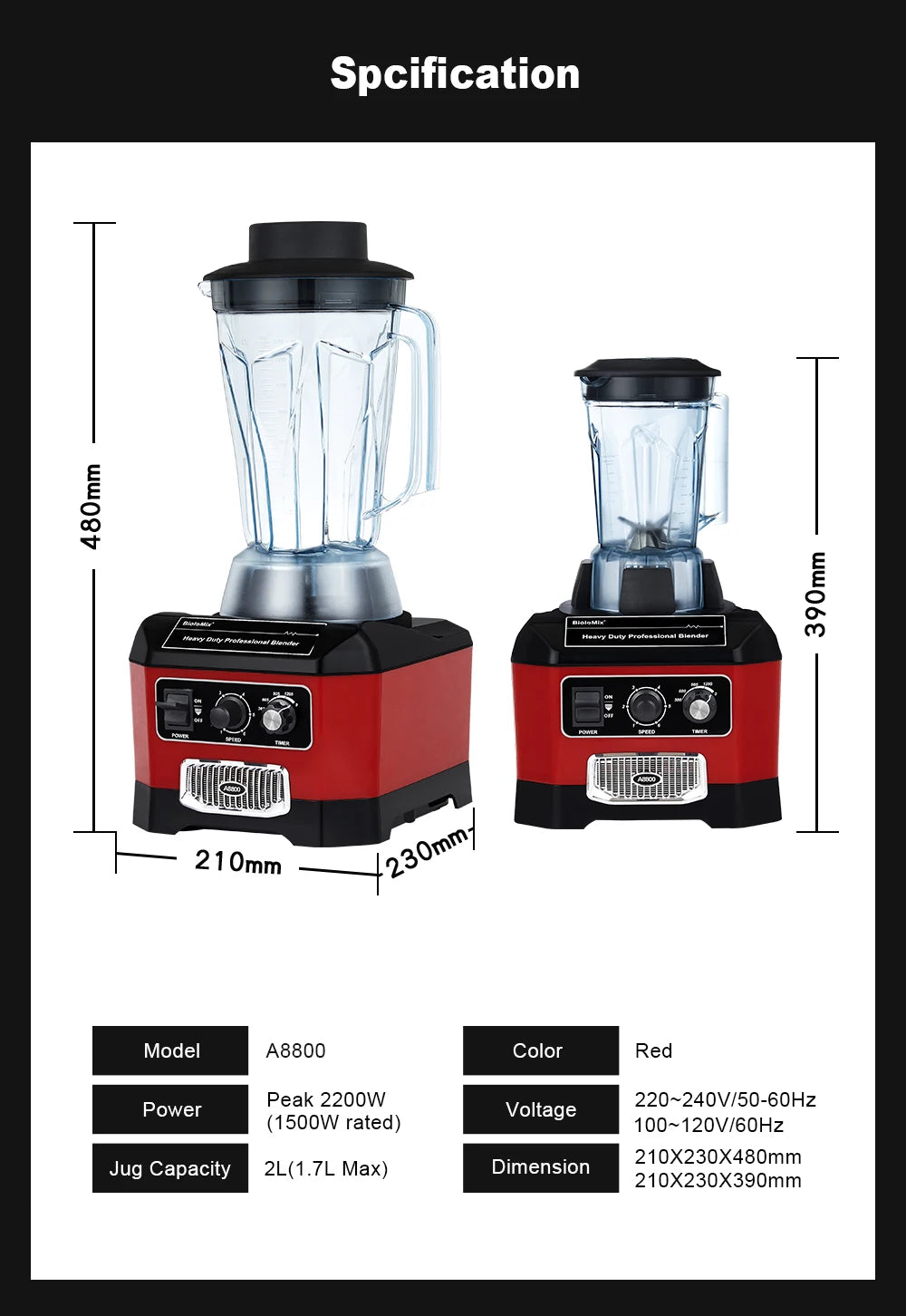 【7 Years Warranty】BPA Free Heavy Duty Professional Commercial Bar Blender Food Mixer Juicer Ice Crusher Smoothie Maker Max 2200W