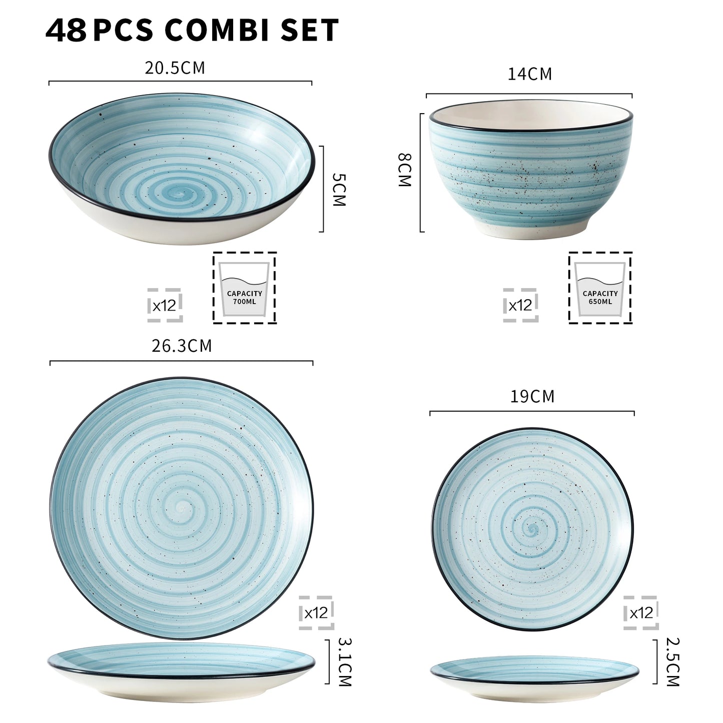 vancasso Blue 24/48-Piece Handpainted Spirals  Stoneware Dinner Combi-Set with Bowl,Dessert Plate,Soup Plate,Dinner Plate