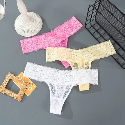 3PCS Lace Floral Women Panties Low Waist Breathable Briefs Female Thong Underwear M-2XL Solid Sexy G-String Transparent Panty