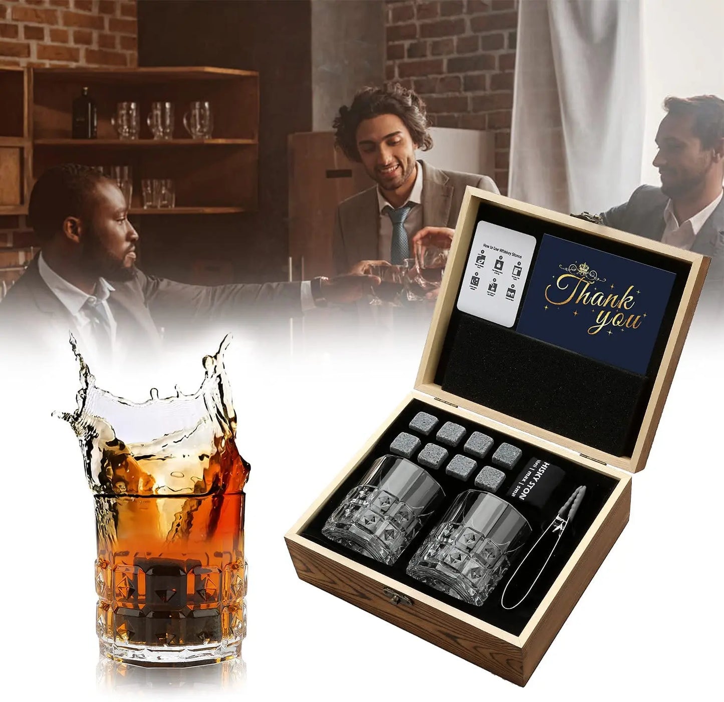 Whiskey Stones & Glasses Set, Granite Ice Cube For Whisky, Whisky Chilling Rocks In Wooden Box, Best Gift For Dad Husband Men