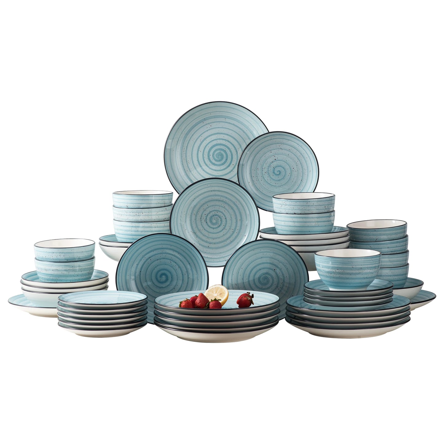 vancasso Blue 24/48-Piece Handpainted Spirals  Stoneware Dinner Combi-Set with Bowl,Dessert Plate,Soup Plate,Dinner Plate