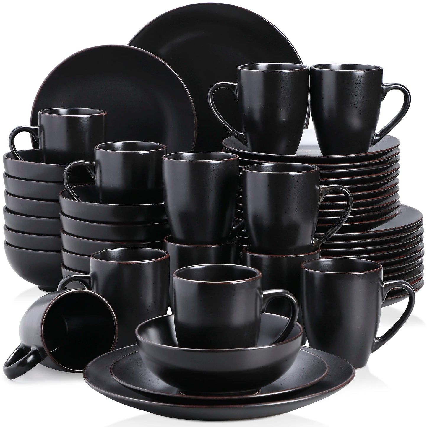 VANCASSO MODA Series 16/32/48 Piece Pottery Dinner Set Black Stoneware Tableware Set with Dinner Plate,Dessert Plate,Bowls,Cups