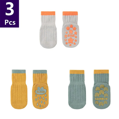 3 Pairs/lot Children's Socks Solid Striped Spring Boy Rubber Anti Slip Newborn Baby Floor Socks Cotton Infant Socks For Girls