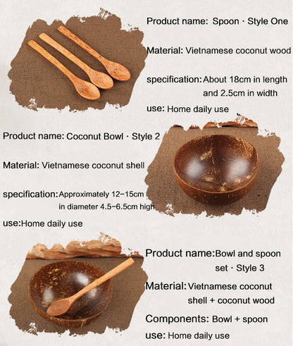 Trend Natural Coconut Bowl Set Spoon Fruit Salad Noodle Rice Bowl Wooden Creative Coconut Shell Smoothie Bowl Tableware Kitchen