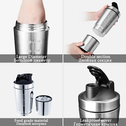 New Stainless Steel Cup Vacuum Mixer Whey Protein Powder Sports Shaker Water Bottle Detachable Double Layer Outdoor Drink Kettle