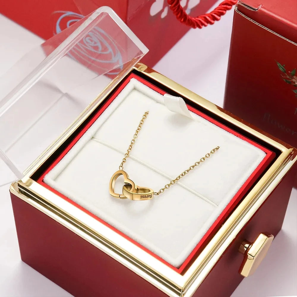 2024 New Valentine's Day Gift  Custom for Women Double Heart Engraved Name Steel Necklace Eternal Rose Box Wedding Ring Box