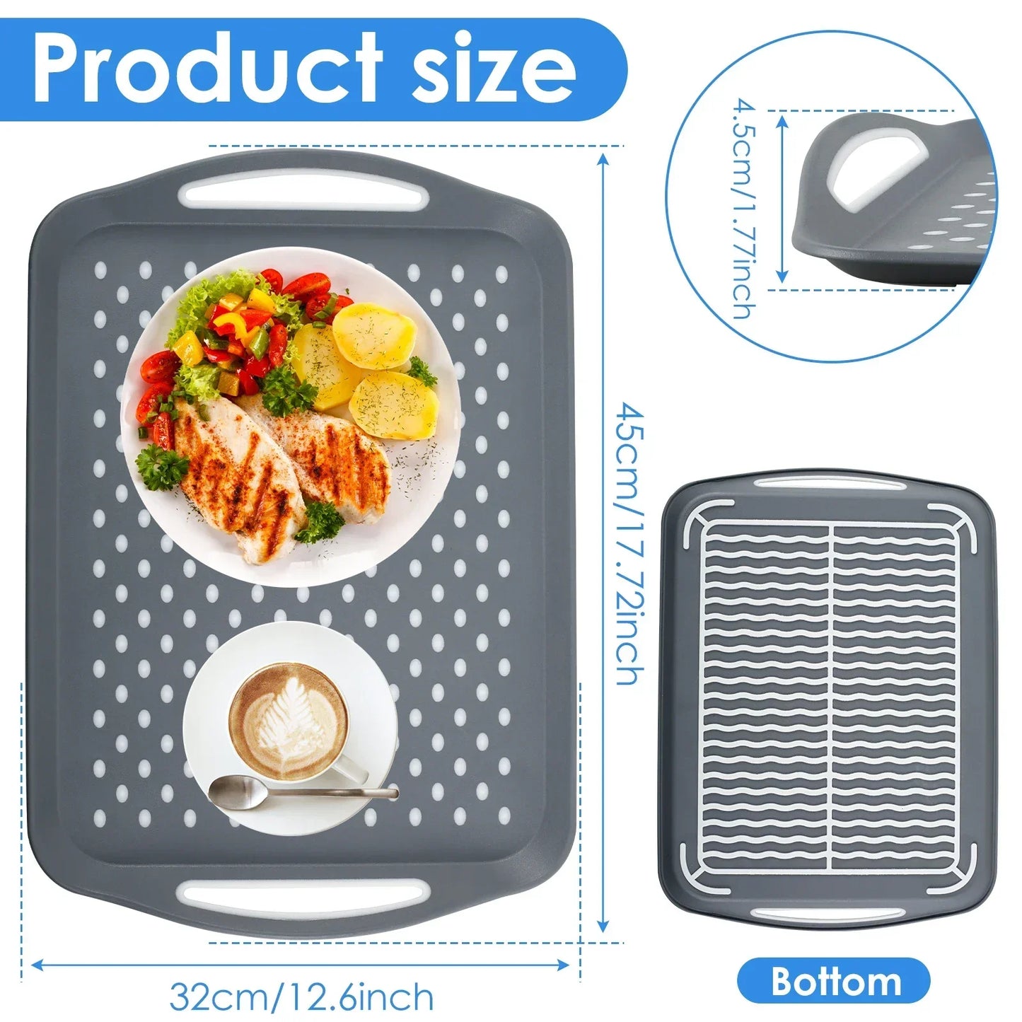 2pcs Food Trays Anti-Slip Rectangular Top and Bottom Plastic Dinner Serving Tray with High Grip Rubber Surface and Grip Handles