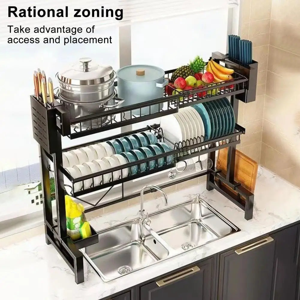 2 Tier Large Capacity Dish Rack, Sink Organize Stand, Kitchen Counter Storage Shelf Supplies for Plates Bowls Pots, Black