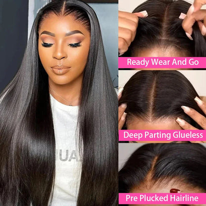 Wear And Go Bone Straight Glueless Wig 4x4 Human Hair Ready To Wear Peruvian Lace Front Closure Wigs For Women Preplucked