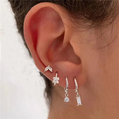 4PCS Flower Square Earrings Set for Women Girl Luxury Zircon Stainless Steel Cartilage Piercing Hoop Earring Statement Jewelry