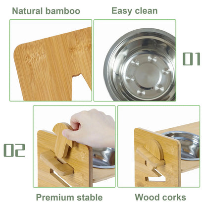 Wooden Raised Cat Bowls, Food Container, Drinking Dish, Bamboo Stand, Stainless Bowl, Height Adjustable