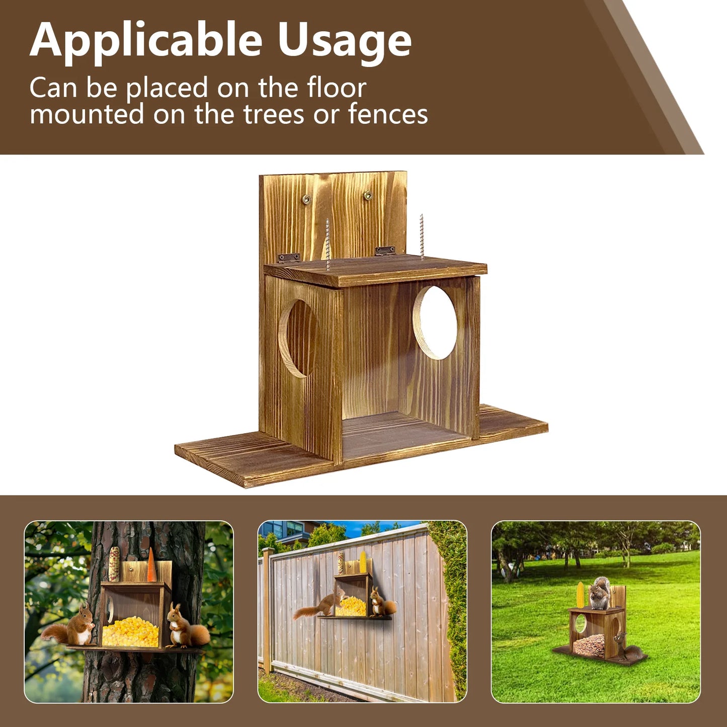 Wood Squirrel Feeder Box for Backyard Garden, Durable Wall Hanging House, Carbonized Wood, Chinchilla Feeder Box