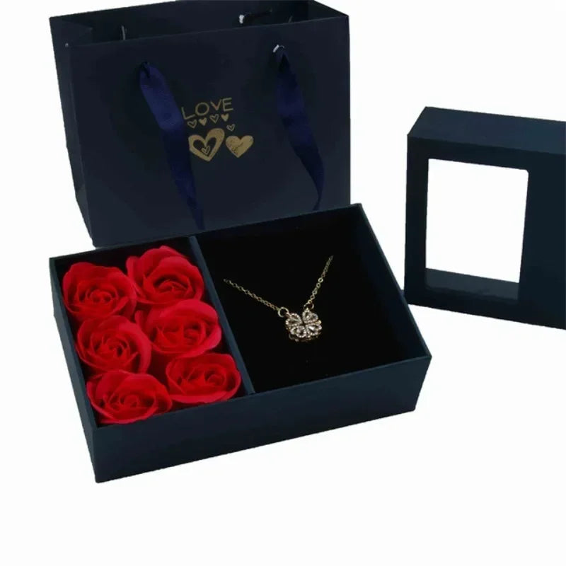 Window Opening Jewelry Box Romantic 6 Rose Pendants Ring Bracelet Valentine's Day Eternal Flower Jewelry Gift Packaging Box Bag