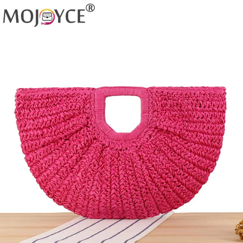 Women Handmade Straw Tote Bag Large Capacity Bohemia Moon Handbag Solid Color Simple Weaving Wrist Bag Summer Beach Bag