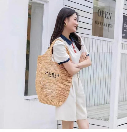 Women Summer Beach Vacation Fashion Straw Knitting Shoulder Bag Hollow Out Handwoven Handbag Portable Large Capacity Casual Tote