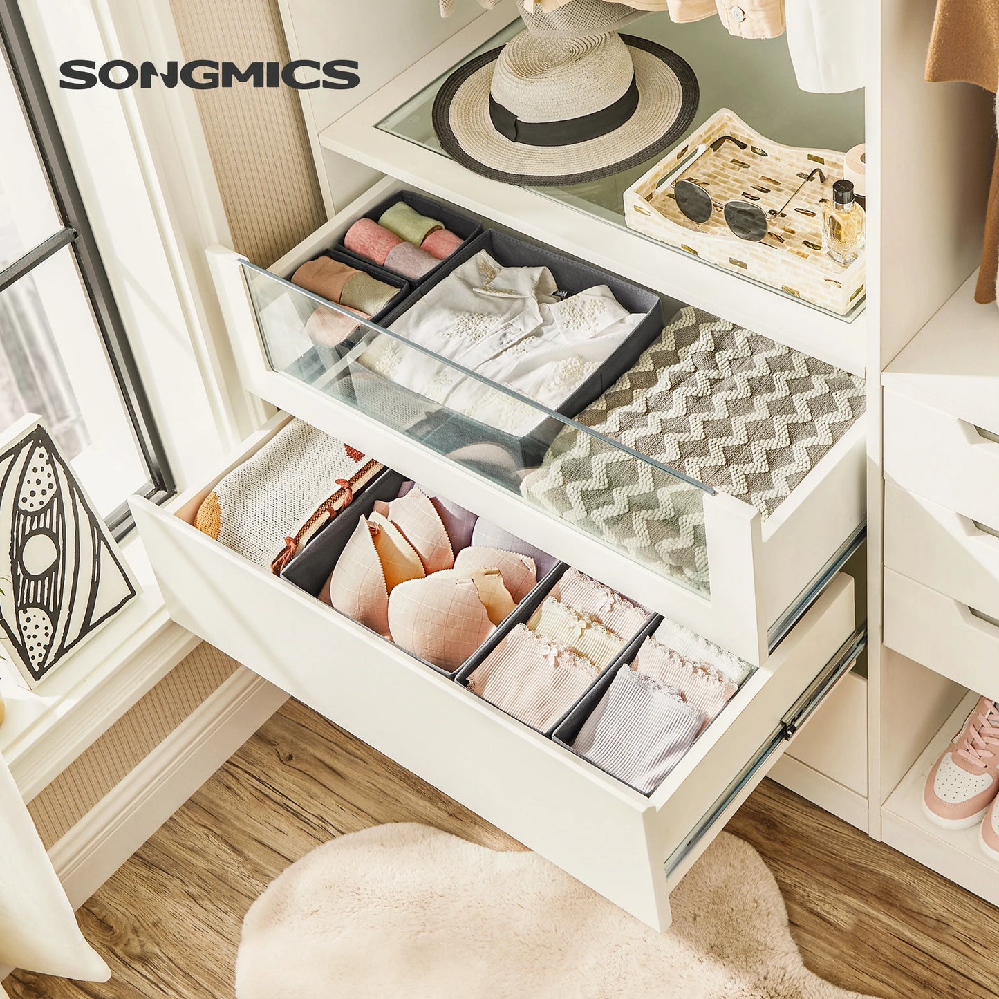 SONGMICS Drawer Organisers, Dresser Dividers, Set of 6, Foldable Fabric Storage Boxes for Socks, Underwear, Bras, Ties