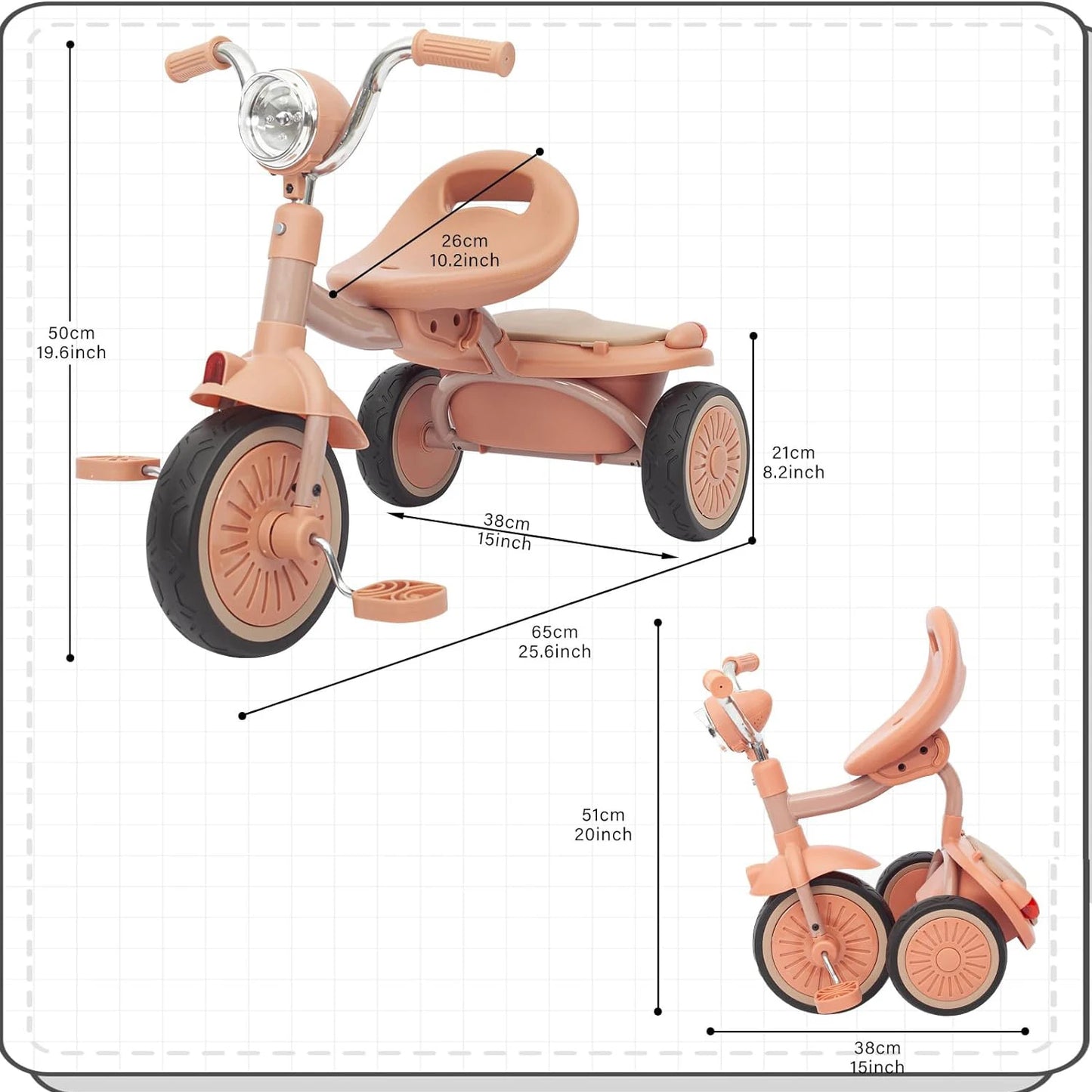 UBRAVOO Baby Foldable Tricycle Trike with Pedals,Unique PU Wheels with Elasticity Shock-absorbing Effect,Cool Lights,1-5 Years