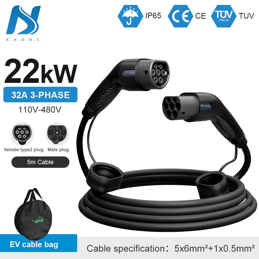 Khons Type2 To Type2 Ev Charging Cable  3Phase 32A Female To Male Plug 5M Cable 22kw IEC62196-2  EVES Charging Stations