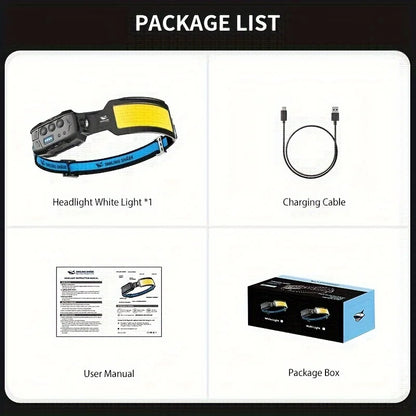 Smiling Shark Rechargeable Headlamp with 7*Bright White Lights, 270° Motion Sensor, 6 Versatile Modes, and Red Tail Light - Ide