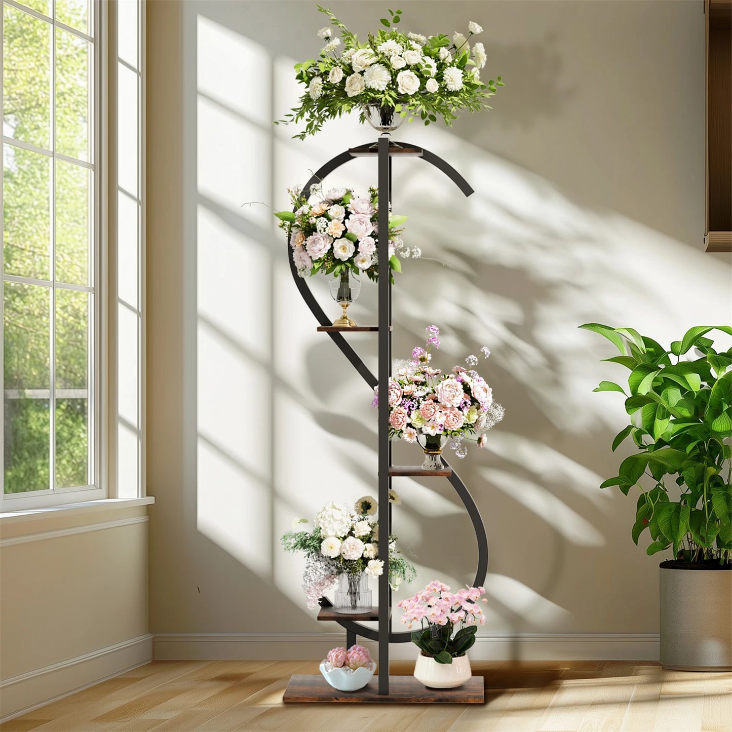 5 Tier S-shaped Plant Stand for Balcony Patio Garden Flowers Display Stand, Wood and Metal, Black