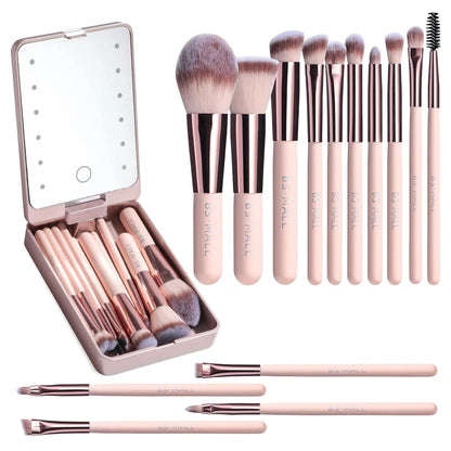 Versatile Luxurious Makeup Brush Set with Mini LED Light Mirror - Flawless for Daily Use or Travel - Ultra-soft Synthetic Bristl