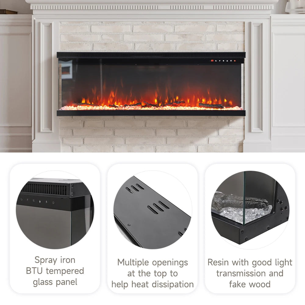 KOMORE  Recessed/Freestanding 3-sided Tempered Glass Front Electric Fireplace, 12 Flame Colors, 1500W 40&50 Inch