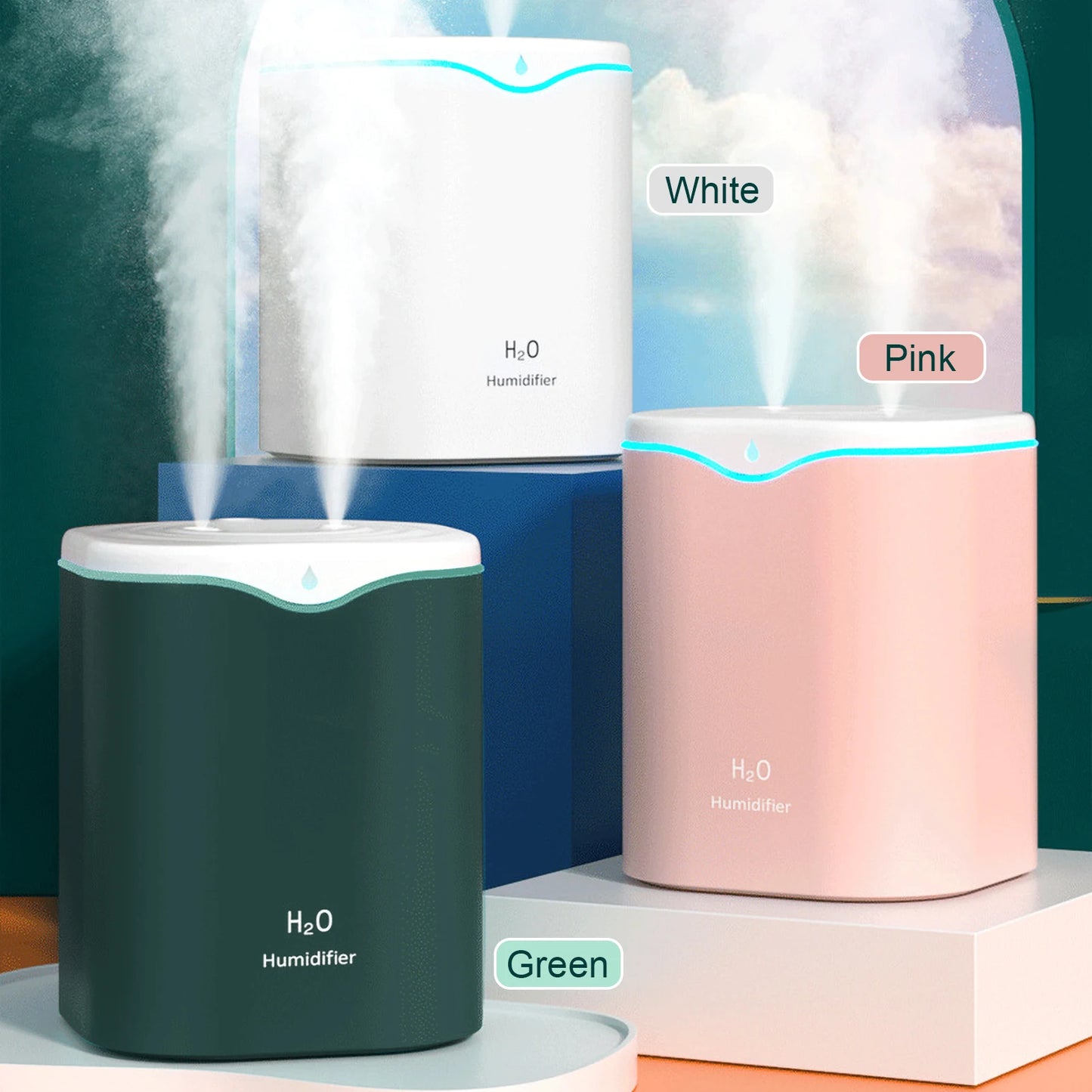 2L Double Spray Humidifiers with LED light Cool Mist Auto Shut-Off Humidifier Portable Desk Humidifiers for Bedroom Home Room