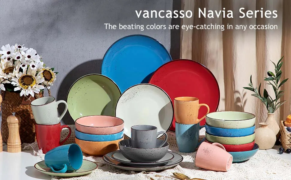 Vancasso 16/32/48-Piece Ceramic Beige Stoneware Dinnerware Set with Dinner Plate,Dessert Plate,800ml Bowl, Mug Tableware Set