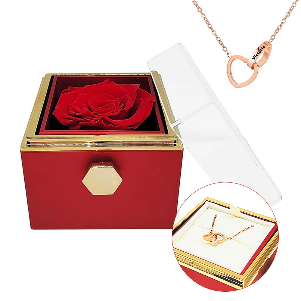 Rotating Jewelry Box with Engraved name Necklace Forever Flower Preserved Rose Box Mother's Day Birthday for Mom Wife Girlfriend