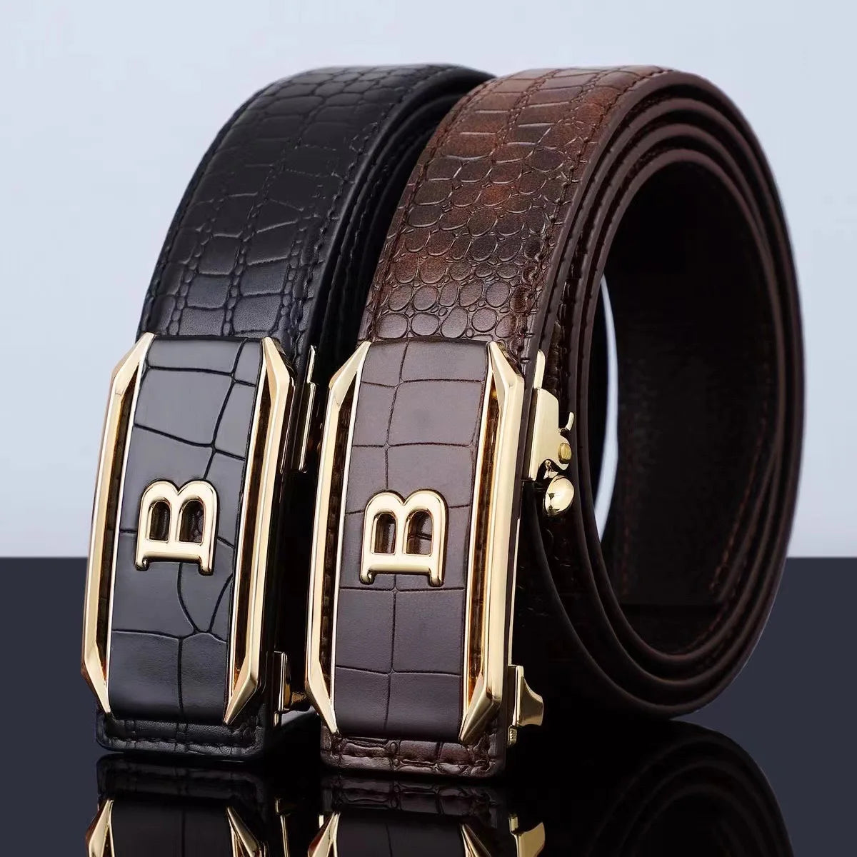 PU Men's Belt, Simple Automatic Belt with Charming and Luxurious Lightweight Style, One-Click Closure, Adjustable Automat