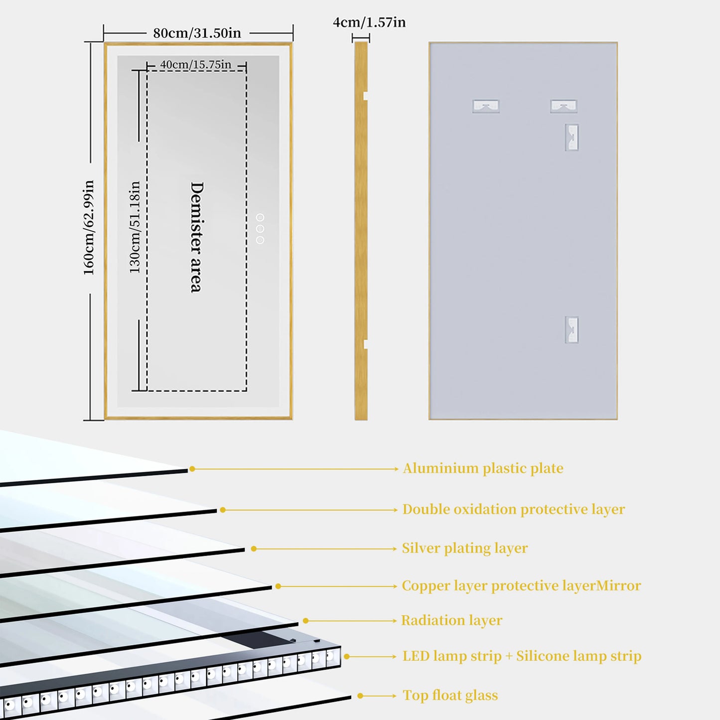 Overlength 140/151/160CM Rectangle LED Bathroom Mirror Gold Aluminum Frame Vanity MIirror Touch Defogging