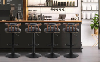 2X Industrial Leather Bar Stools 360° Swivel Adjustable Kitchen Breakfast Pub Chairs Vintage Wood Backrest