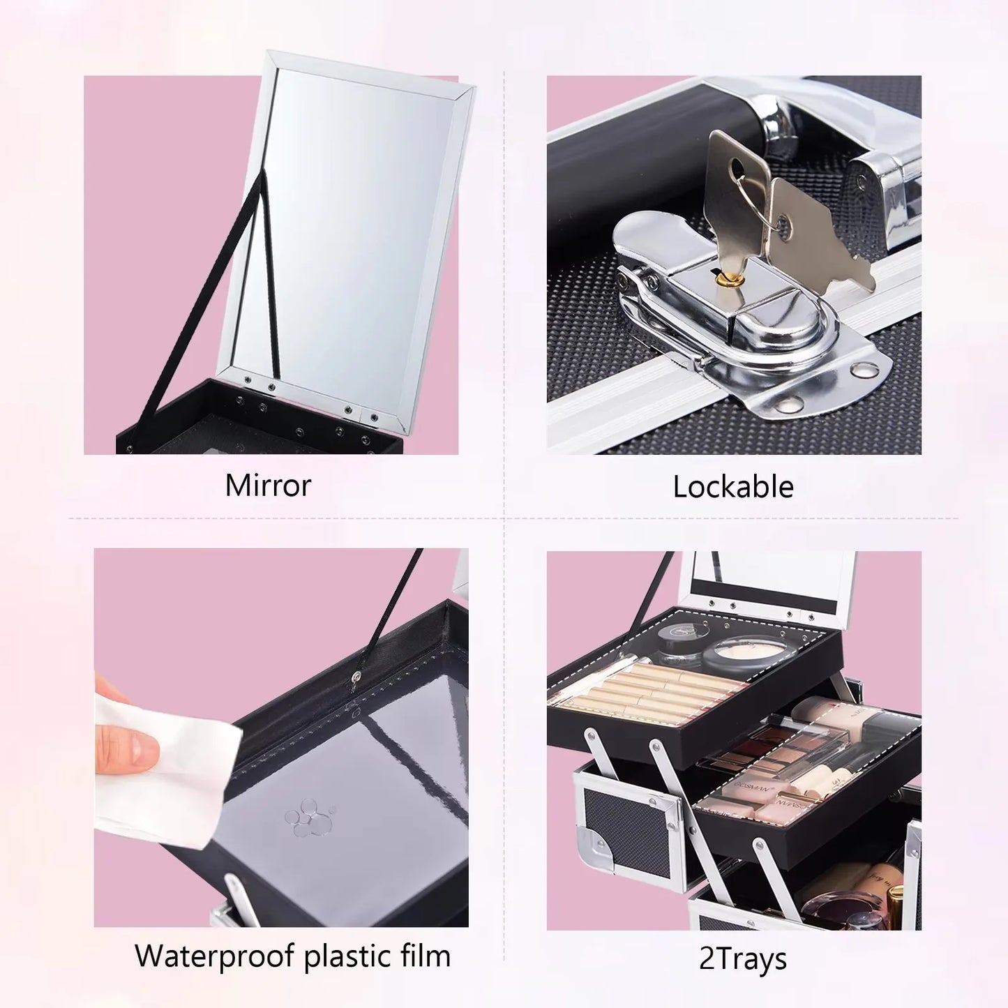 Portable Makeup Case with Mirror 2 Trays Lock Alloy Make-up Suitcase Travel Cosmetic Jewelry Nails Storage Box for Manicure Tech