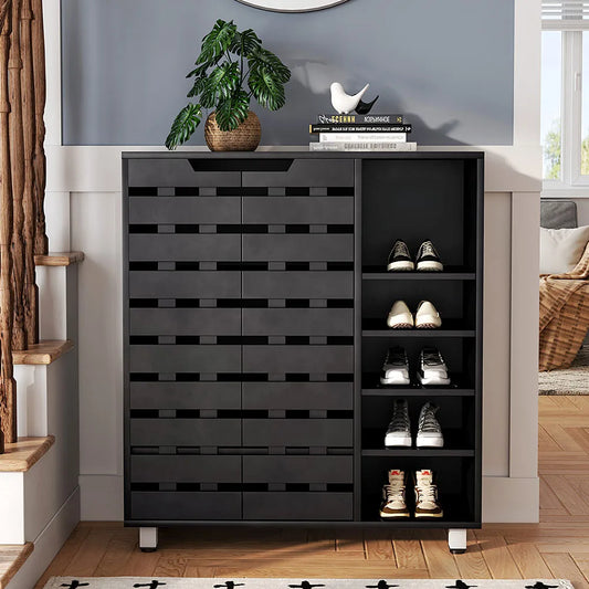 5-Tier Black Shoe Cabinet with Doors, 87cm W x 32cm D x 97.5cm H