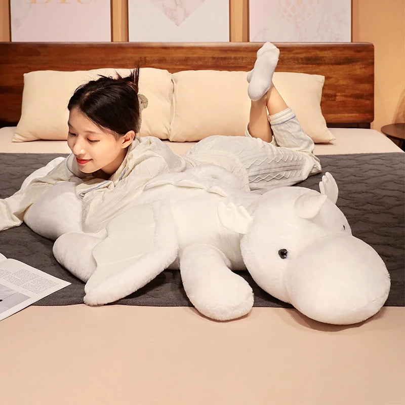 1pc 70-150cm Giant White Dragon Plush Toy With Unicorn Horn Flying Wings Dragons Dinos Hug Throw Pillow Dinos Nap Sleeping Gift