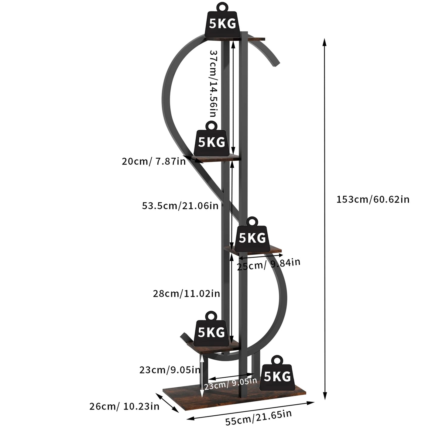 5 Tier S-shaped Plant Stand for Balcony Patio Garden Flowers Display Stand, Wood and Metal, Black