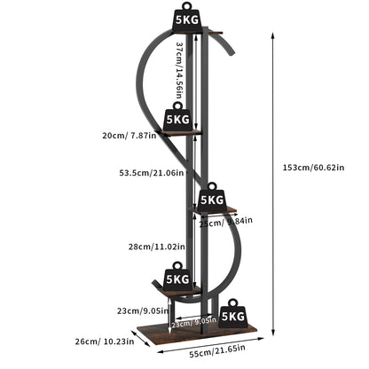 5 Tier S-shaped Plant Stand for Balcony Patio Garden Flowers Display Stand, Wood and Metal, Black