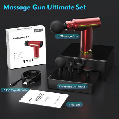 Sejoy Fascia Massage Gun Mini Portable with LED Touch Screen 4 Replaceable Massage Heads 10 Speeds Percussion Massager Red