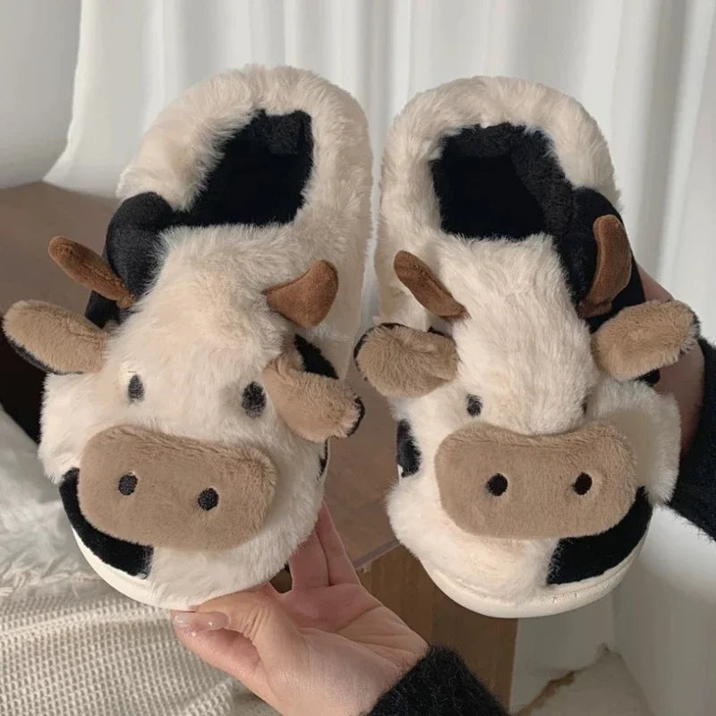 Winter Cow Cotton Slippers Cartoon Warm Plush Slides Shoes Couple's Indoor Non-slip Slides House Men and Women Home Flip Flops