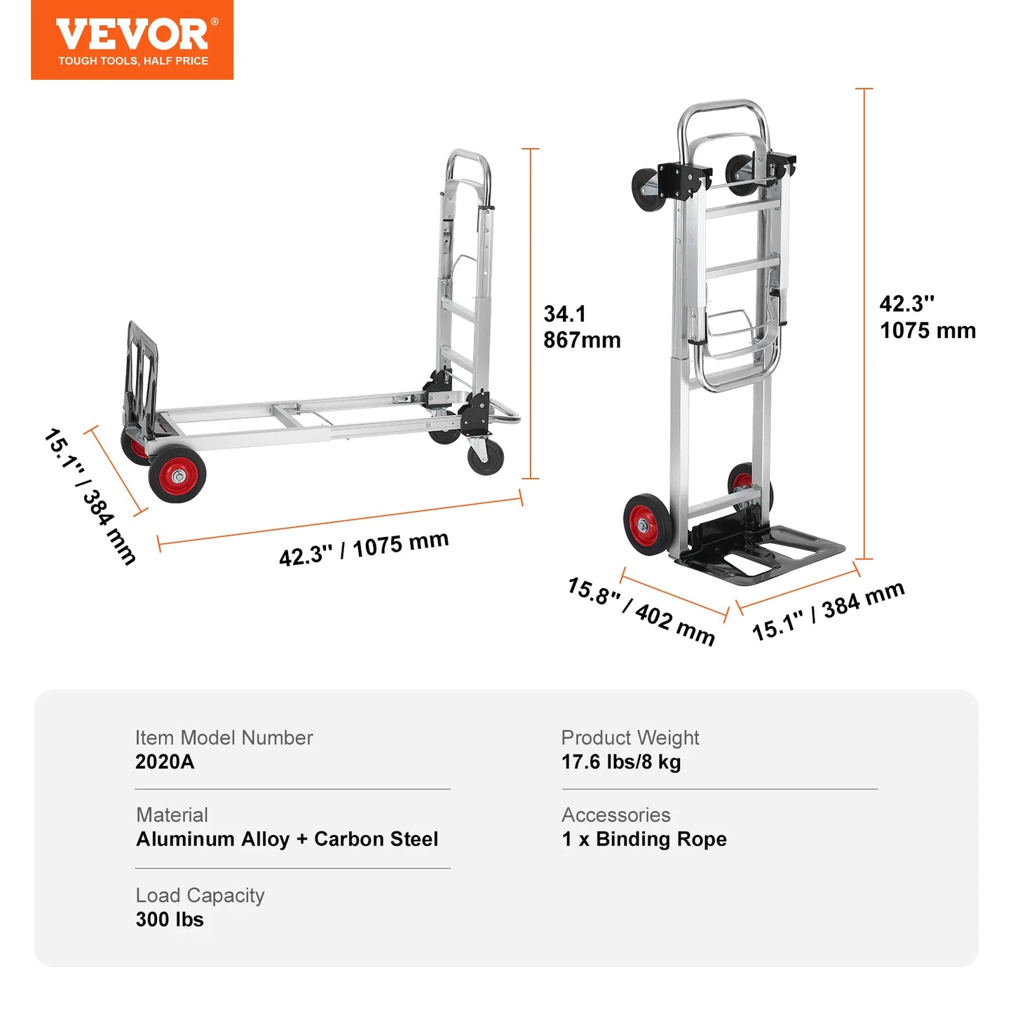 VEVOR Folding Hand Truck Aluminum Heavy Duty Industrial Collapsible Dolly Cart for Transport and Moving in Warehouse Supermarket