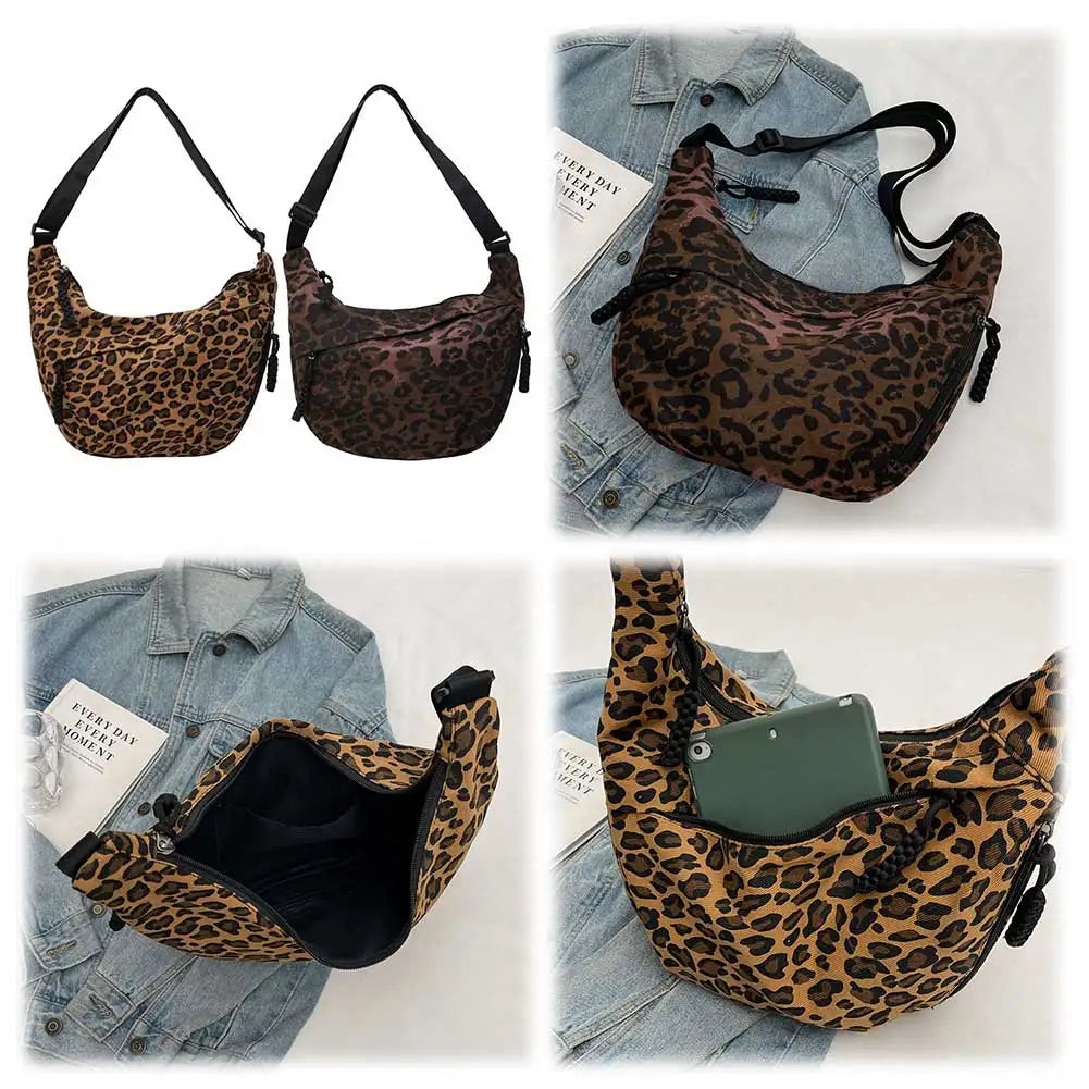 Women Crescent Crossbody Bag Large Capacity Leopard Print Daily Messenger Bag Adjustable Strap Half Moon Bag Simple Satchel Bag