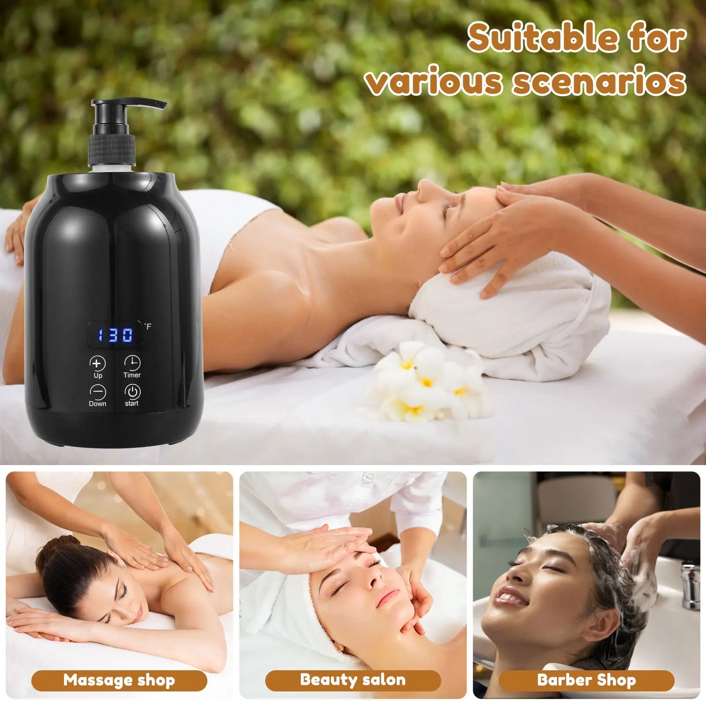 Massage Oil Warmer 30℃ to 65℃ Adjustable Lotion Bottle Warmer with 2 Oil Bottle Dispenser Smart Touch Key Electric Lotion Heater