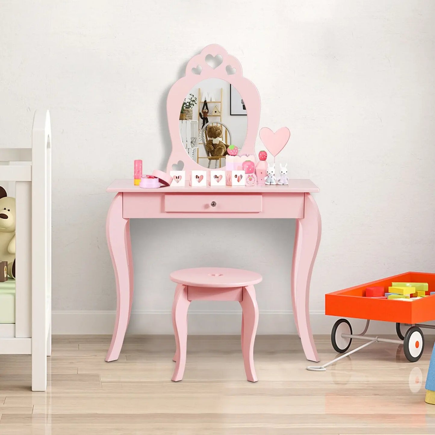 GOFLAME Kids Vanity Set, Princess Pretend Beauty Makeup Table & Stool Set w/ Mirror & Drawer