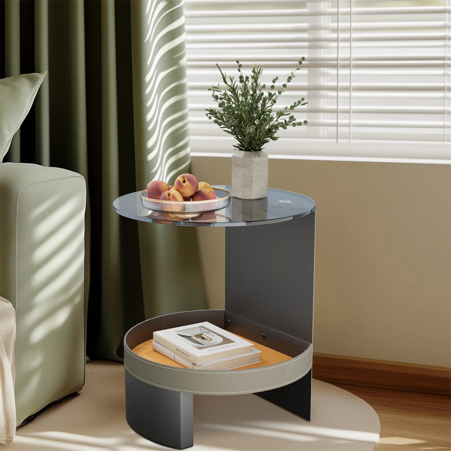 Unique 2-Tier Side End Table with Tempered Glass Top, Saddle Leather Shelf, Coffee Accent Table for Living Room and Bedroom