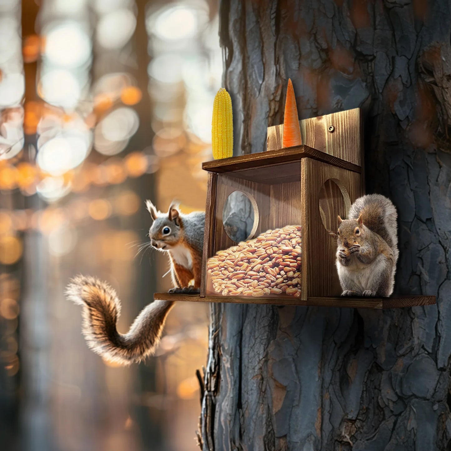 Wood Squirrel Feeder Box for Backyard Garden, Durable Wall Hanging House, Carbonized Wood, Chinchilla Feeder Box