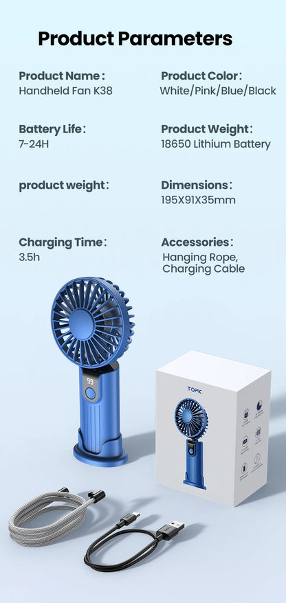 TOPK Portable Hand Held Fan,5000mAh 2-IN-1 Neck HandHeld Fan 180° Foldable Whisper-Quiet Brushless Motor Comes with Hanging Rope