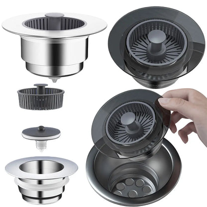 3 In 1 Kitchen Sink Drain Strainer Anti-Clogging Basket Strainer Stopping Blockage Bouncing Core Home Kitchen Bathroom Supplies