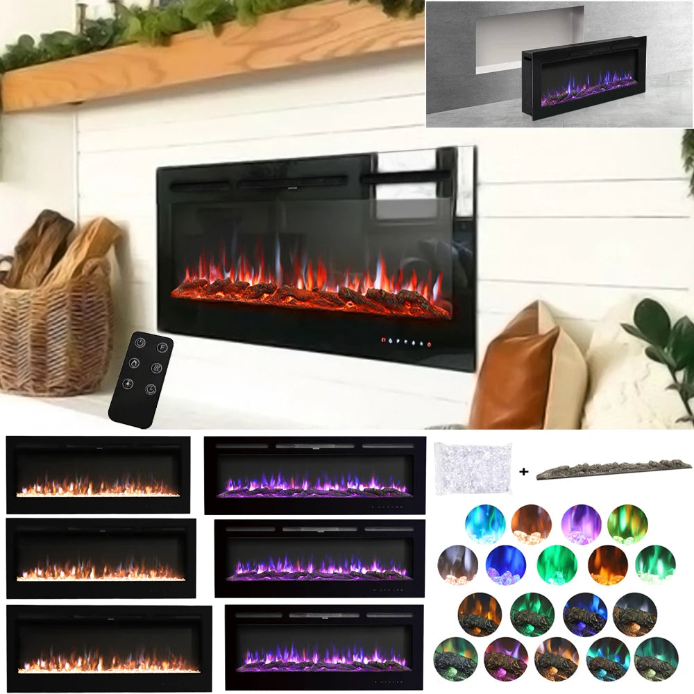 KOMORE Recessed/Wall Mounted Electric Fireplace Adjustable 12 Colours Flame with Remote Automatic Safety Shutoff