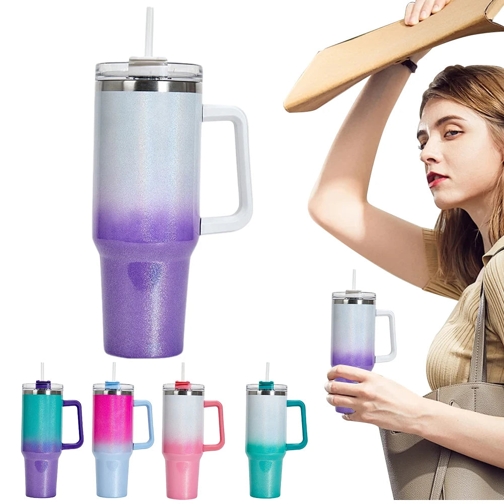 40oz Thermal Cup with Handle Straw Stainless Steel Keeps Cold and Heat Water Bottle Leak-proof Water Bottle Vacuum Thermos Cup